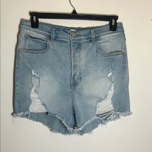 Blue Distressed Jean Shorts with Raw-Edge Hem By And Now This Size 32